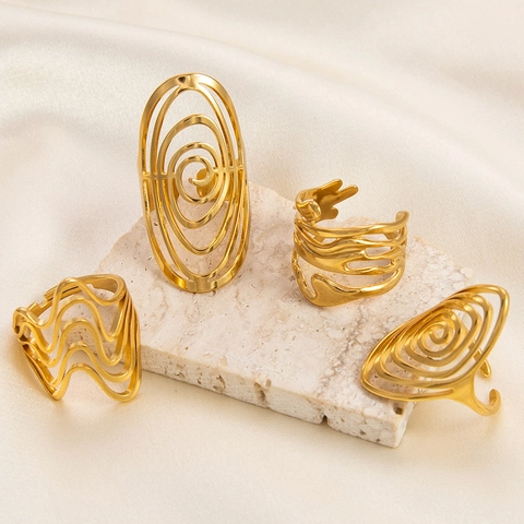 Irregular Geometric Open Ring 18K Gold Plated Stainless Steel Waterproof Hypoallergenic Hollow Spiral Adjustable Jewelry