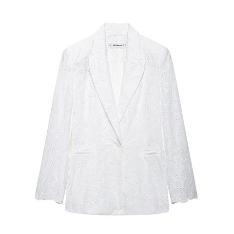 Women White Eyelet Lace Embroidery Blazer Shawl Collar Single Breasted Long Sleeve Elegant Hollow Out Floral Suit Jacket
