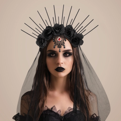 Cerchietto Per Capelli Corona Gotica Con Punte E Velo In Rete Rose Di Stoffa Strass Rosso Costume Halloween Cosplay