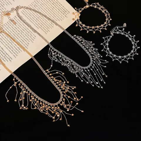 Retro Fransen Quaste Halskette Und Armband Perlen Gitter Spitze Design Kupfer Schmuck Für Frauen Mode