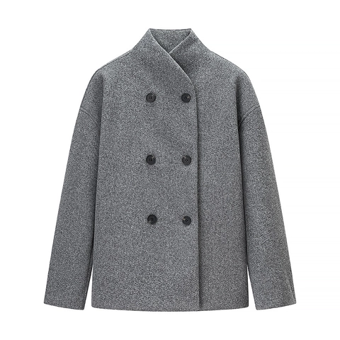 Chaqueta Corta De Lana Para Mujer Cuello Alzado Doble Abotonadura Color Sólido Abrigo Elegante Casual