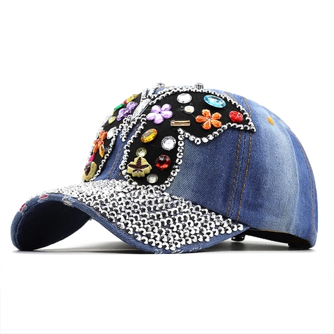 Baseball Cap For Women Rhinestone Butterfly Distressed Cotton Denim Sun Hat Adjustable Sparkly Bling Outdoor