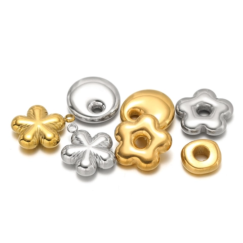 Stainless Steel Flower Round Disc Hexagon Charms Beads For DIY Necklace Bracelet Earring Jewelry Making Accessories