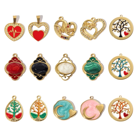 Ciondoli In Acciaio Inossidabile DIY Charms Smalto Albero Della Vita Cuore Luna Mom Lettera Retro Bohemien Gioielli