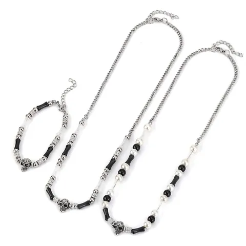 Gothic Punk Skull Pendant Necklace Stainless Steel Beaded Chain With Artificial Pearl Rhinestone Hip Hop Unisex Jewelry