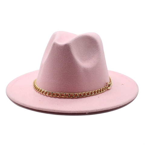 Unisex Vintage British Style Wide Brim Fedora Hat With Gold Metal Chain Decoration Polyester Felt Jazz Hat For Party Daily Travel