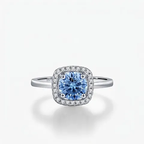 Halo Ring 925 Sterlingsilber Rund Blauer Moissanit Vintage Elegant Hochzeit Verlobung Schmuck Für Damen