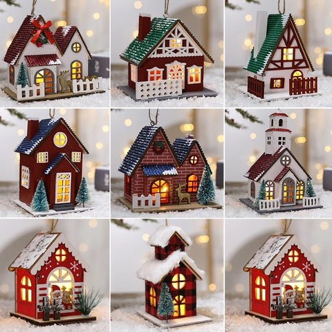Christmas Luminous Wooden House Miniature Church Ornament LED Light Up Hanging Decoration Snow Scene Wood Holiday Decor