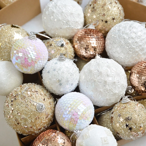 Christmas Ball Ornaments White Champagne Lace Sequin Glitter Foam Tree Hanging Decoration Elegant Festive Home Holiday Decor