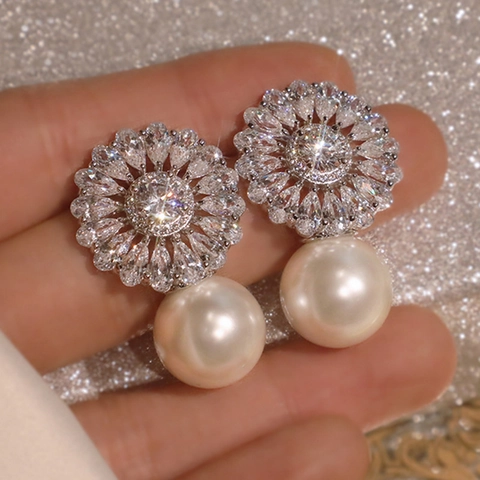 Barock Blume Zirkonia Künstliche Perle Ohrhänger Für Damen Kupfer Eingelegter Schmuck Hochzeit Bankett Zubehör Gold Silber