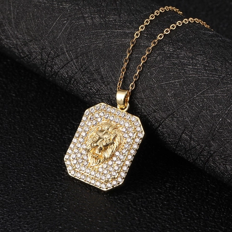 Lion Head Pendant Necklace Gold Plated Alloy Cubic Zirconia Hip Hop Retro Fashion Jewelry For Men Women