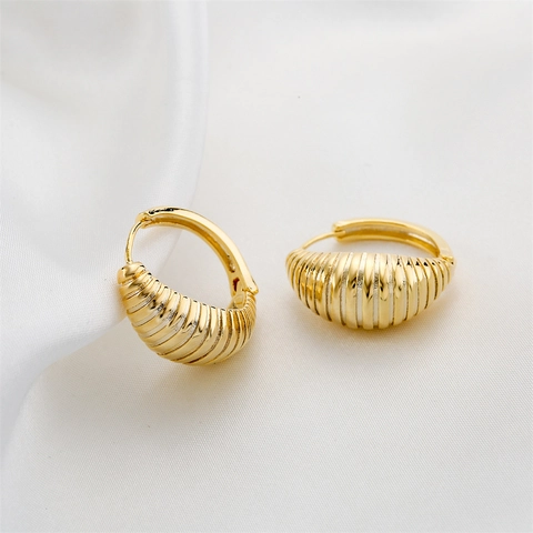 Orecchini A Cerchio Geometrici Con Trama A Righe Vintage A Forma Di C Rame Placcato Oro 14K Gioielli Da Donna