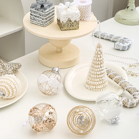 Kerstboomversieringen Champagne Goud Glitter Kunstparel Hangende Decoraties Feest Ster Ballen Lint Decoratie
