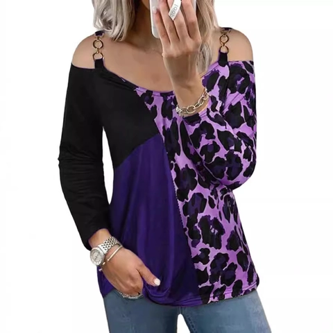 Women's Leopard Print Cold Shoulder Top Embroidered Long Sleeve Patchwork T-Shirt With Metal Chain Detail Polyester Casual Loose Blouse