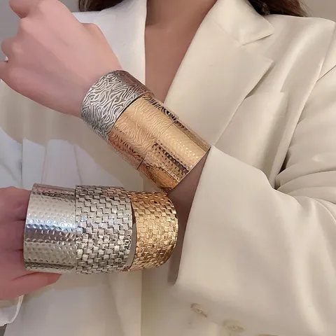 Irregular Geometric Metal Cuff Bracelet Hammered Texture Mesh Square Open Bangle Modern Minimalist Jewelry Women