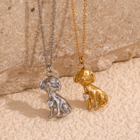 Collana Pendente Cucciolo 3D Acciaio Inossidabile Placcato Oro 18K Cuore Zirconia Gioielli Donne