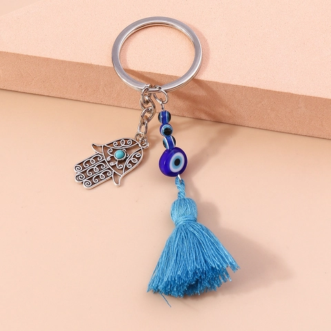 Evil Eye Hamsa Hand Schlüsselanhänger Für Damen Zinklegierung Blaue Glasperle Quaste Schutz Amulett Taschenanhänger