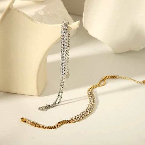 Franse Luxe Roestvrij Stalen Dubbellaagse Boxketting Armband Met Strass Voor Dames Vintage Elegant Feest Sieraden