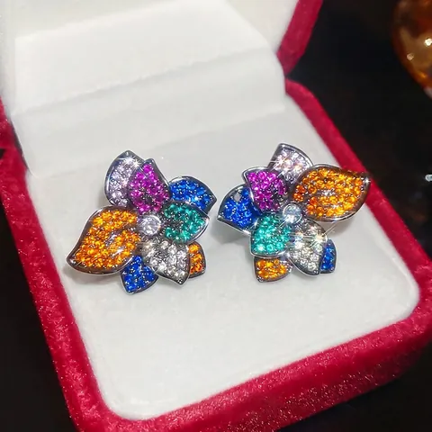 Colorful Zircon Flower Stud Earrings With 925 Sterling Silver Earring Post Vintage Luxury Copper Jewelry For Women