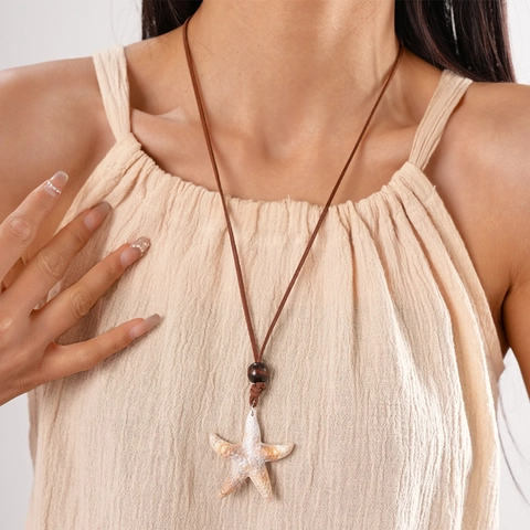 Collana Con Ciondolo Stella Marina Acrilico Resina Finta Conchiglia Perla Legno Cordino Cuoio Gioielli Spiaggia Donna