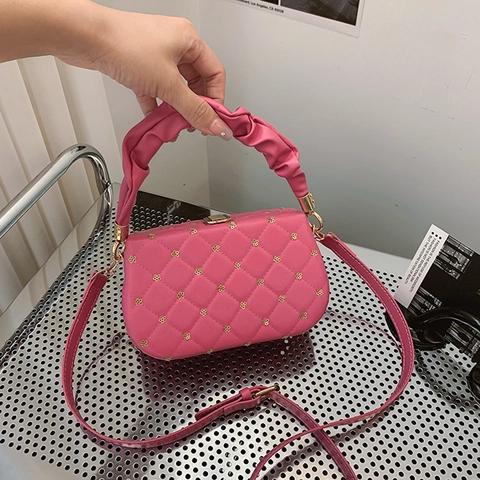 Women Quilted PU Leather Crossbody Bag Ruched Handle Golden Flower Rivet Elegant Small Square Handbag Daily Fashion