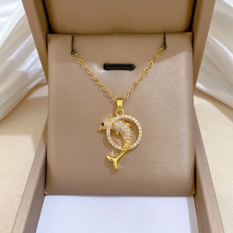 Collar Con Colgante De Delfín Con Cadena De Acero Inoxidable Y Dije De Cobre Pavé De Diamantes De Imitación Color Dorado Mujer