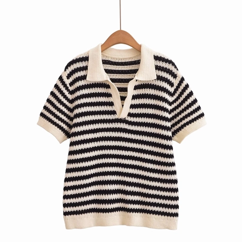 Polo In Maglia Da Donna A Righe Bianche E Nere Scollo A V Maniche Corte Top Elegante Francese