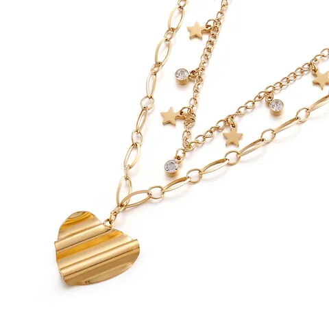 Collar De Varias Capas De Acero Inoxidable Con Colgante De Corazón Estrella Circonita Para Mujer Joyería De Moda
