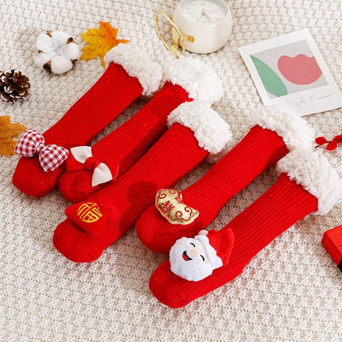 Baby Kids Kerstsokken Rood Gebreide Vloersokken Met Imitatiebont Trim Antislip Bodem Feestelijke Winter