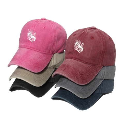Washed Cotton Butterfly Flame Embroidery Baseball Cap Vintage Distressed Adjustable Outdoor Sun Hat For Women Men