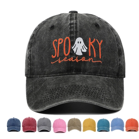 Halloween Ghost Embroidered Baseball Cap Washed Cotton Distressed Spooky Season Dad Hat Adjustable Sun Hat For Men Women
