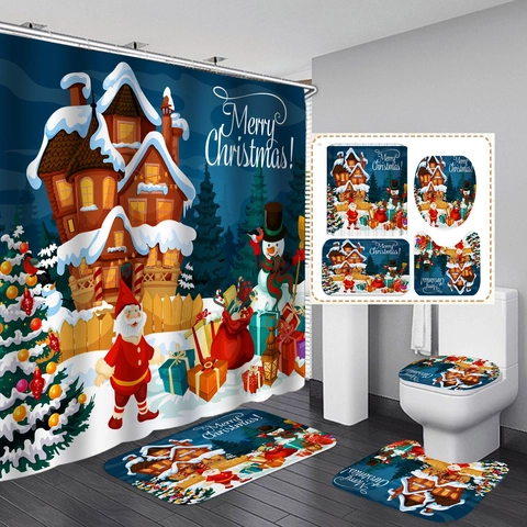 Christmas Shower Curtain Bath Mat U-Shaped Rug Toilet Lid Cover Waterproof Polyester Snowman Santa Holiday Decor