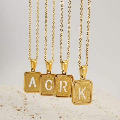 Square Letter Pendant Necklace 18K Gold Plated Stainless Steel Hollow Initial Frosted Texture Fashion Jewelry For Women