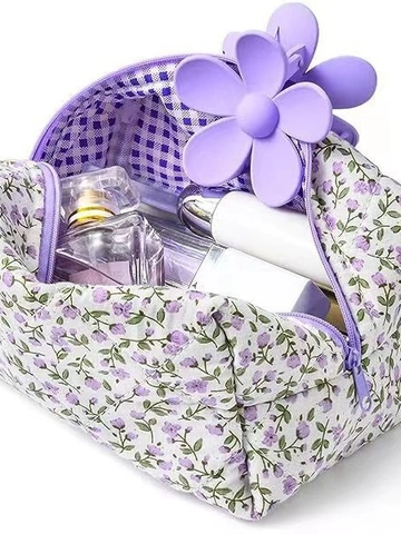 Neceser De Lona Acolchada Estampado Floral Dulce Organizador De Tocador Portátil Estuche De Viaje Para Mujeres