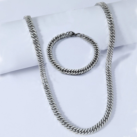Collar Y Pulsera De Eslabones Cubanos De Acero Inoxidable Joyería Estilo Hip Hop Punk Unisex Color Plata