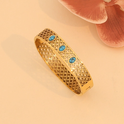 Bracciale Rigido In Acciaio Inossidabile Svuotato Vintage Da Donna Con Gioielli Boho Turchese Con Motivo Geometrico