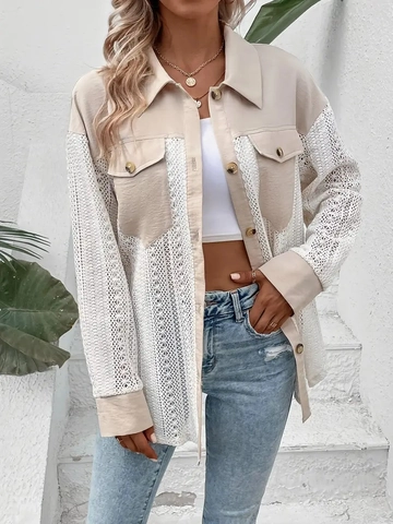 Dames Blouse Kant Patchwork Lange Mouwen Revers Overhemd Beige Elegant Casual Kantoor Boho Vintage Polyester Top