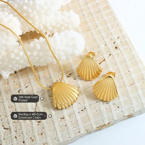 Franse Schelp Hanger Ketting En Oorbellen Roestvrij Staal 18K Verguld Romantische Geribbelde Textuur Sieraden Voor Dames