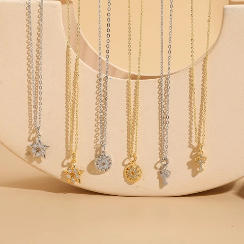 Minimalist Copper Zirconia Necklace For Women Gold Silver Plated Star Round Crown Key Pendant Fashion Jewelry Clavicle Chain