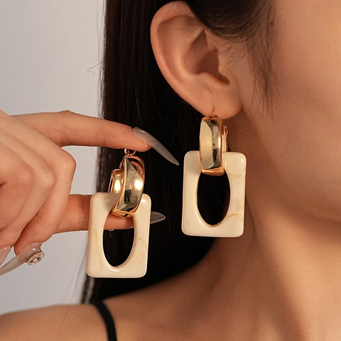 Retro Geometric Square Hoop Earrings With Resin Marble Texture And 925 Sterling Silver Earring Post For Women Fashion