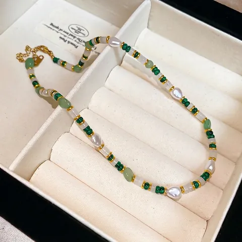 Beaded Necklace With Green Stone And Artificial Baroque Pearl Titanium Steel Gold Spacers French Retro Elegant Jewelry For Women