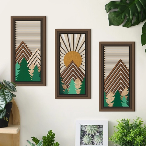 Wooden Wall Art Hollow Mountain Forest Landscape Panels Decorative Triptych For Living Room Bedroom Minimalist Natural