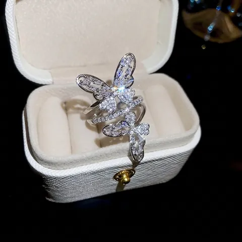 Elegant Double Butterfly Wrap Ring Copper Zircon Pavé Hollow Design Fashion Hand Jewelry For Women Silver Color