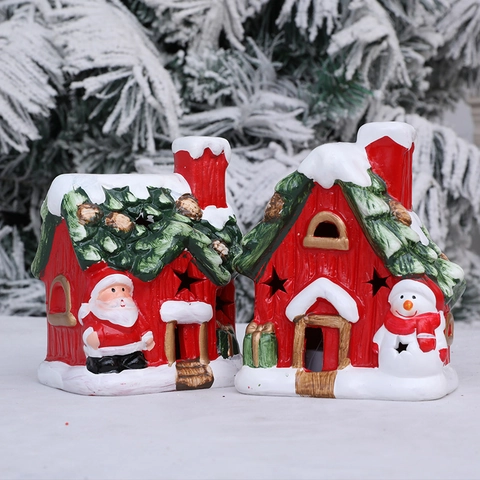 Creative Ceramic Christmas Snow House Decoration With LED Light Santa Claus Snowman Figurine For Home Living Room Gift