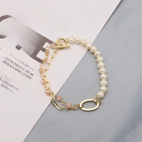 Bracelet Perles Eau Douce Asymétrique Femme Cuivre Plaqué Or 18K Améthyste Cristal Design Baroque Vintage Fermoir Toggle