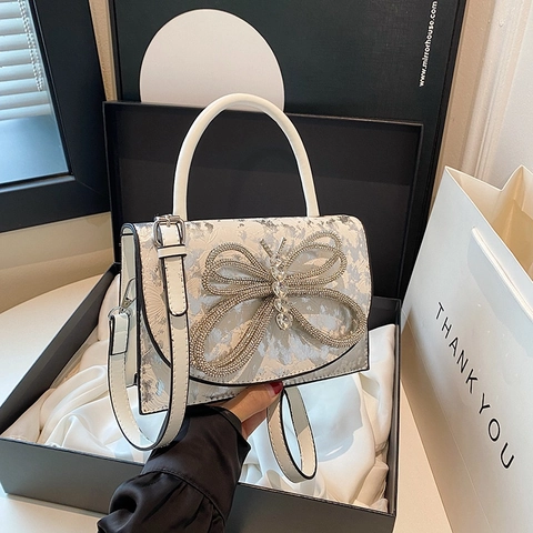 Sac À Main Femme Nœud Strass Sac Bandoulière Cuir PU Gaufré Floral Luxe Style Célébrité Accessoire Pour Dames