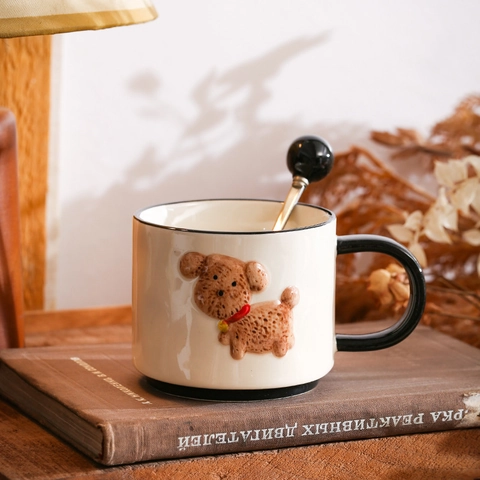 Puppy Ceramic Mug 3D Relief Dog Vertical Stripes Red Rim Breakfast Coffee Milk Cup Cute Korean Style Gift