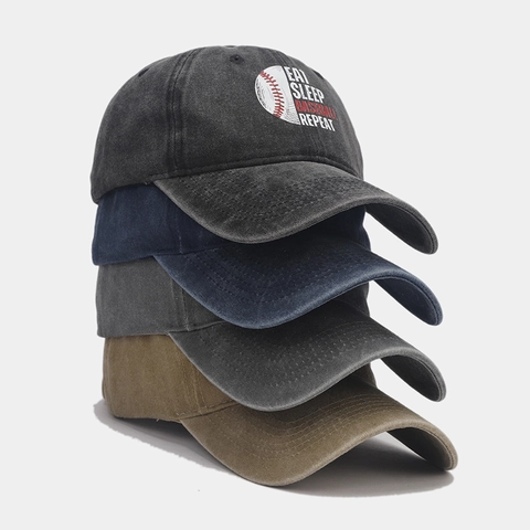 Washed Cotton Baseball Cap Eat Sleep Baseball Repeat Vintage Distressed Adjustable Sun Hat For Men Women Casual Sport