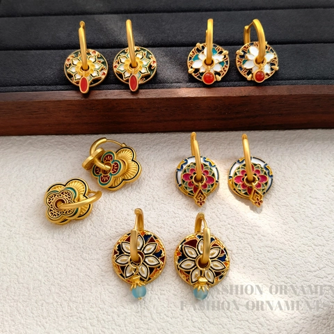 Vintage Chinese Style Enamel Painted Hoop Earrings Copper Jewelry Ethnic Flower Pattern Jewelry For Women Retro Accessories