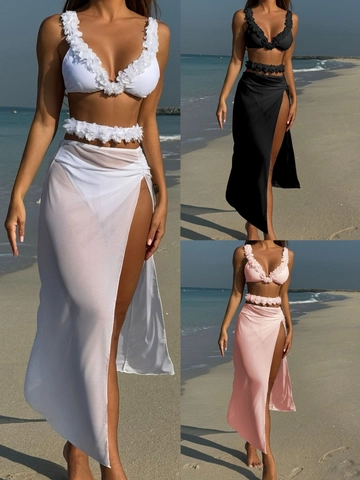 Sexy Women Bikini Top Bottom And Mesh Skirt With Three Dimensional Floral Petals Lace Polyester Spandex Beachwear